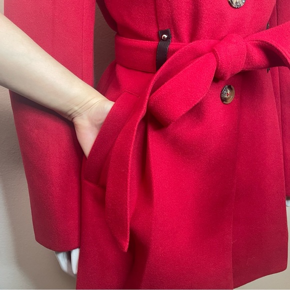Red single breasted lapel collar A-line pleated flare belted pea coat - Picture 5 of 13